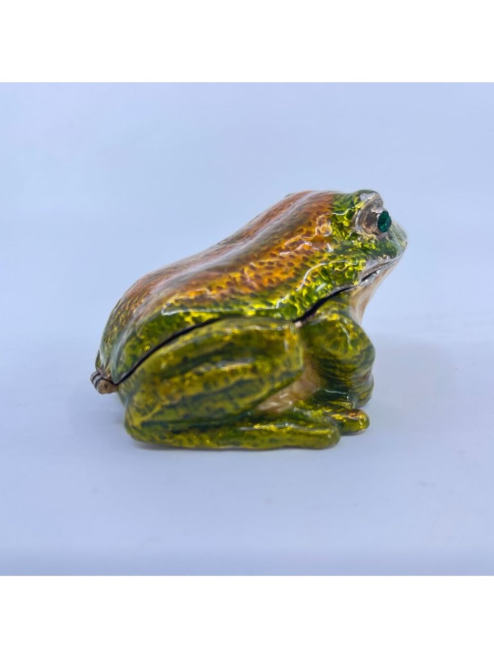 vintage enamel frog trinket box with hinged lid green & orange detailing - Picture 3 of 12